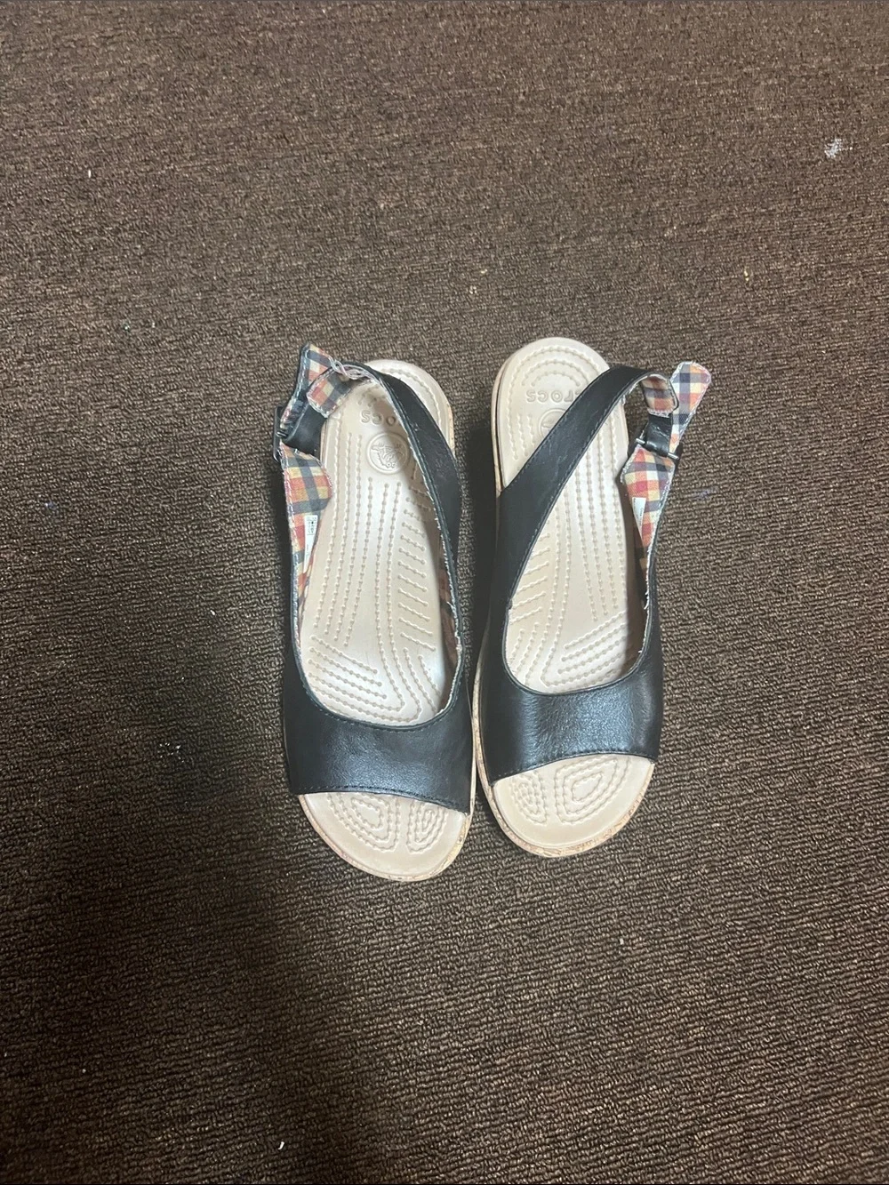CROCS Black Cork-Look Wedge Slingback Sandals